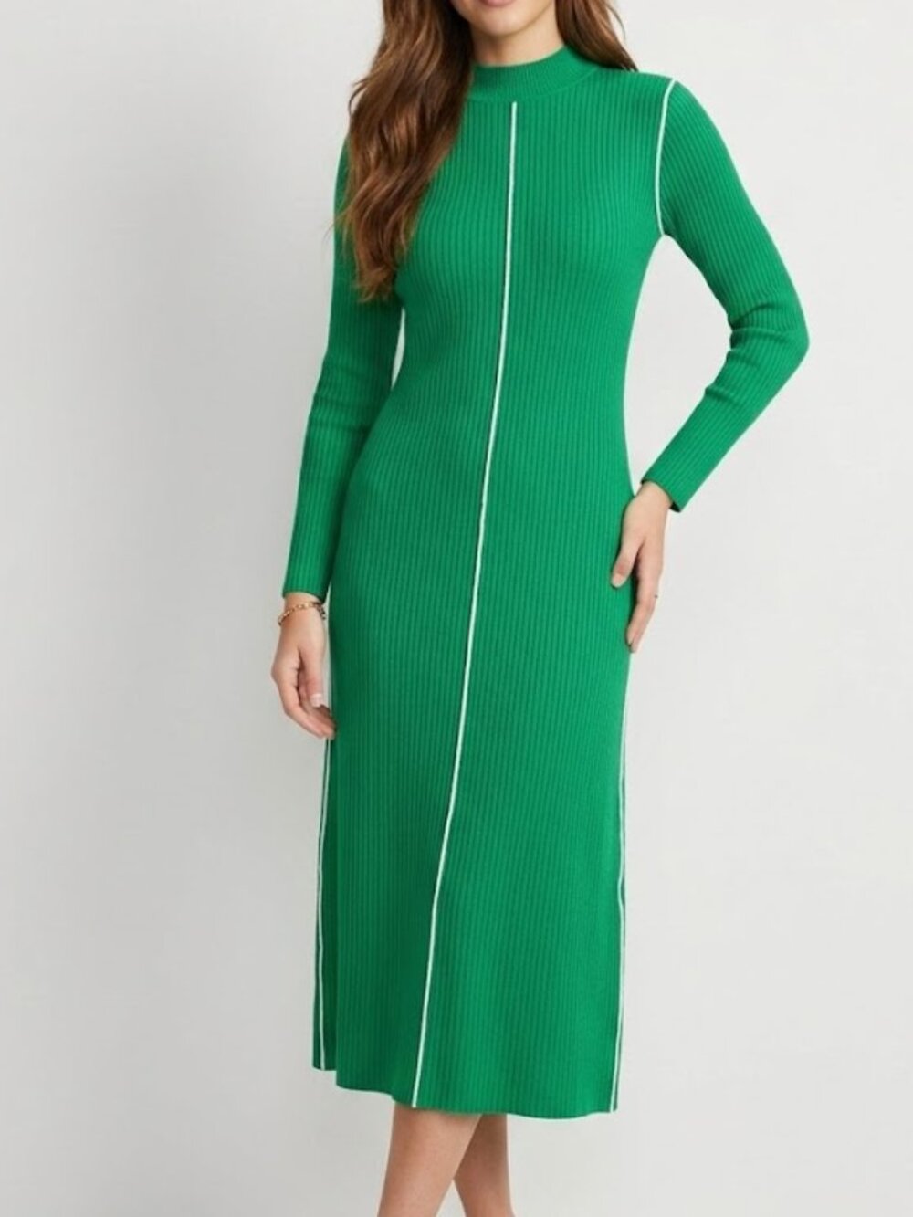 MOTF Premium Emerald Green Ribbed Knit Mock Neck Midi Sweater Dress Women Size L